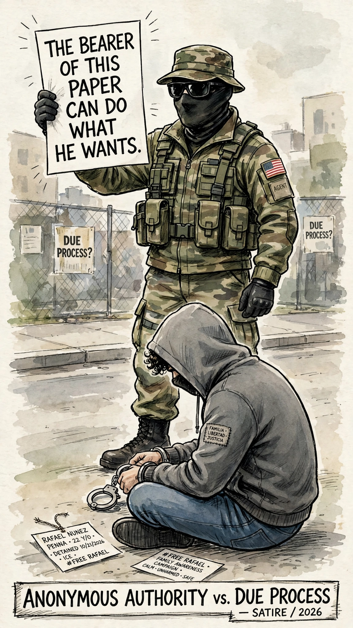 Editorial cartoon: a faceless stamped figure labeled Anonymous Authority faces a small open book labeled Due Process.