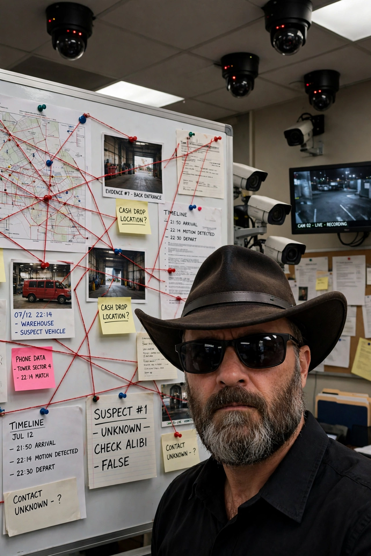 Satirical portrait: Chad Kovac in a cowboy hat and sunglasses in front of the case whiteboard, covered in maps, photographs, timelines and red string. The board reads: Suspect number one, unknown. Check alibi. False.